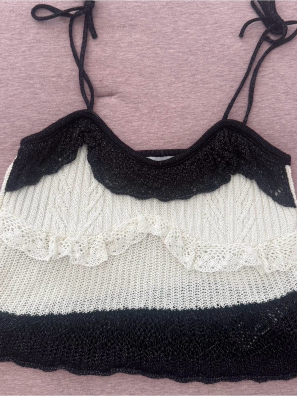 Zara Black & Cream Lace-Trim Knit Cami